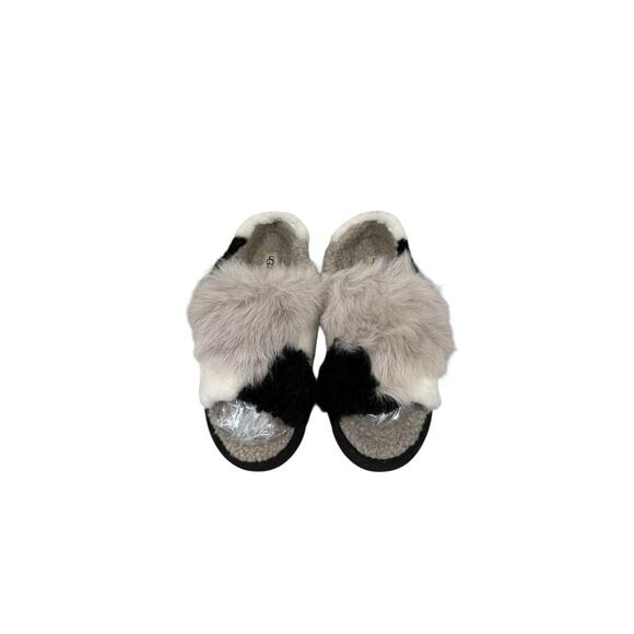 Ugg Australia Patchwork Fluff Slipper Slide Sheepskin Gray Black Womens 9 - Picture 3 of 9